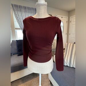 OGL Burgundy Long Sleeve Top Built-In Bra Stretch Minimalist Top Size M
